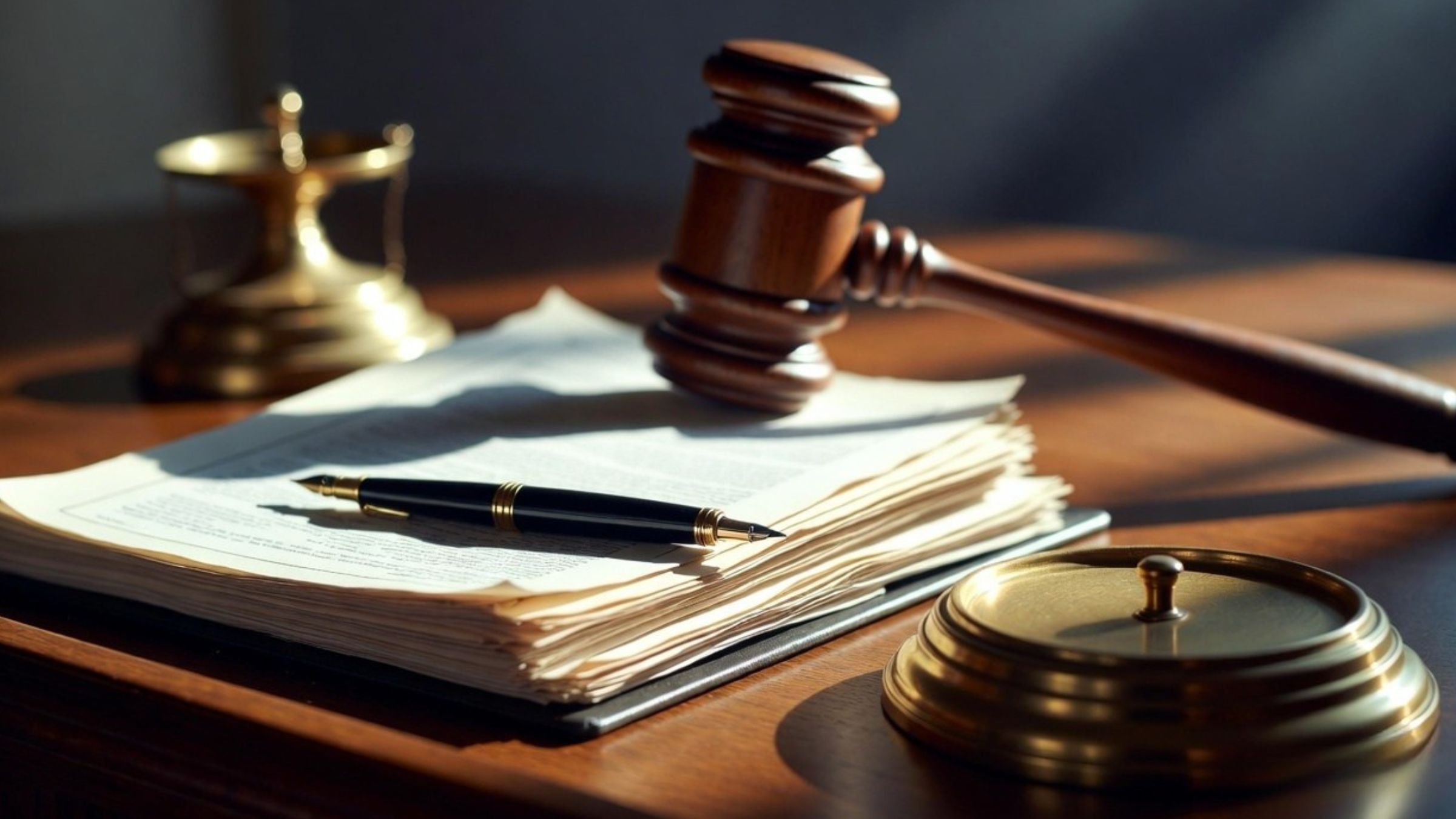Legal documentation — gavel, documents and pen on a judge's bench